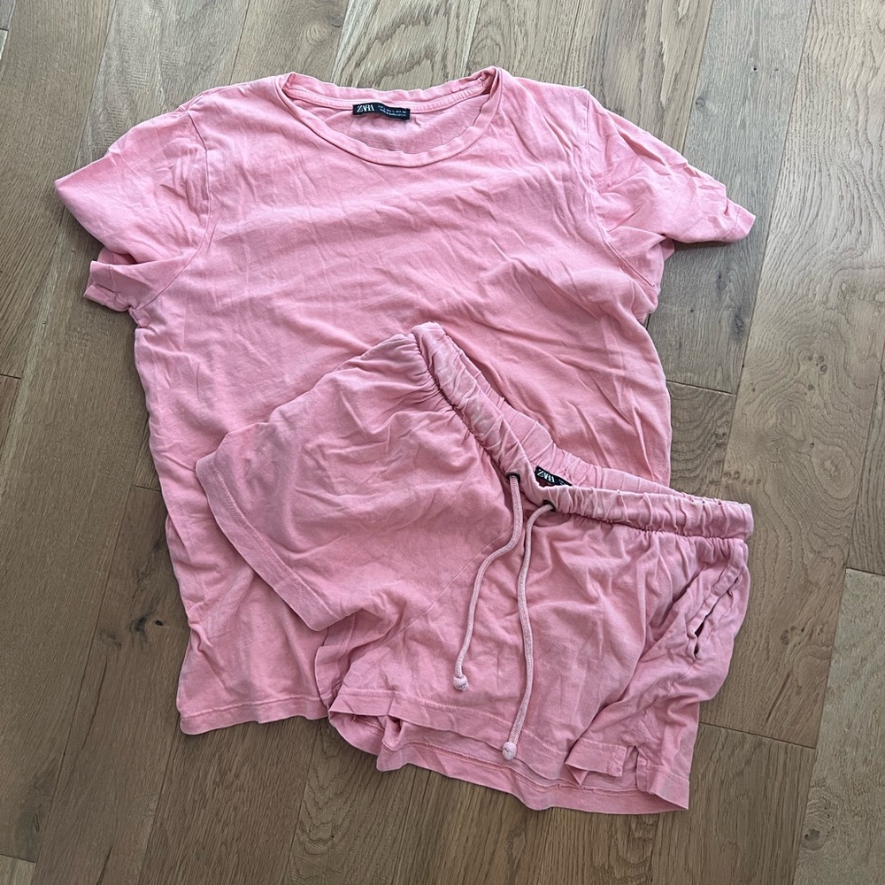 Zara coral/pink/orange shorts and t shirt lounge set